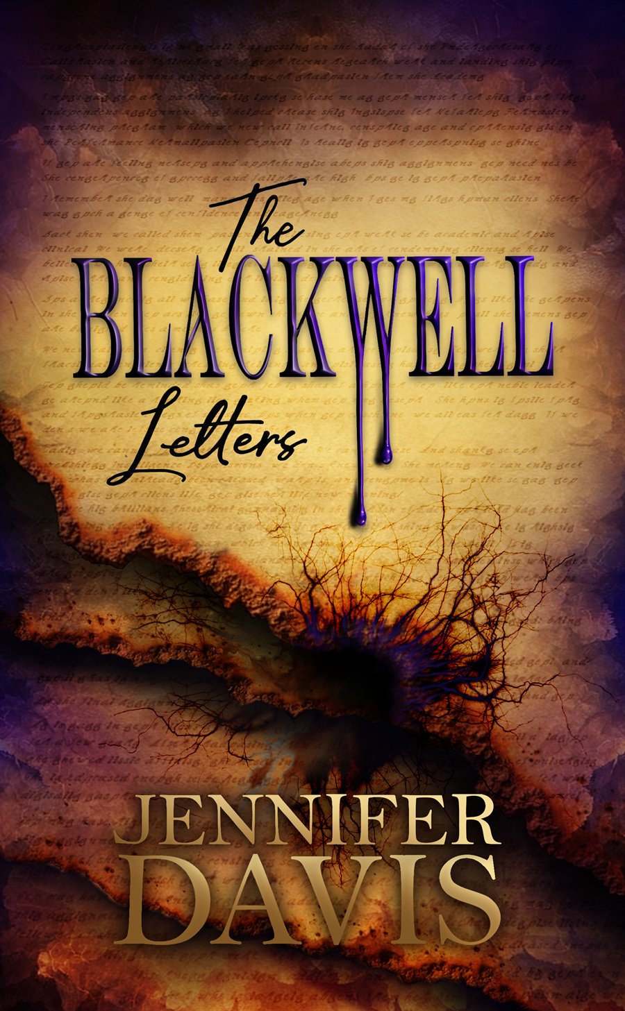 Cover of The Blackwell Letters by Jennifer Davis, showing the title in ornate purple lettering over a scorched, handwritten page.