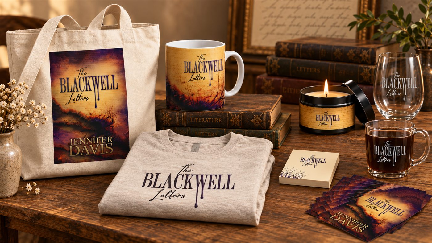 The Blackwell Letters merchandise on a wooden table: a canvas tote, mug, scented tin candle, tee, wine glass, coffee mug, business cards, and postcards, each printed with the book&rsquo;s cover art and title.